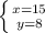 \left \{ {{x=15} \atop {y=8}} \right.