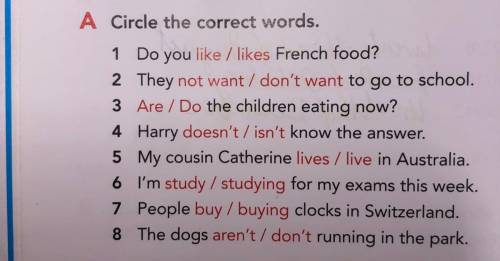 A Circle the correct words. 1 Do you like / likes French food? 2 They not want / don't want to go to