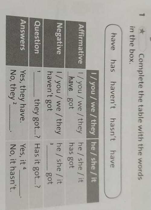 1 Complete the table with the words in the box have has haven't hasn't have has got 1/you/ we/ they