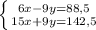 \left \{ {{6 x -9y=88,5} \atop {15x+9y=142,5}} \right.