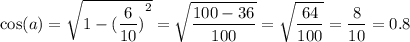 \displaystyle \cos(a) = \sqrt{1 - { (\frac{6}{10} )}^{2} } = \sqrt{ \frac{100 - 36}{100} } = \sqrt{ \frac{64}{100} } = \frac{8}{10} = 0.8