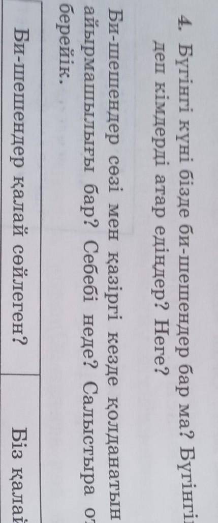4. Бүгінгі күні бізде би-шешендер бар ма? Бүгінгінің биі немесе шешені деп кімдерді атар едіңдер? Не