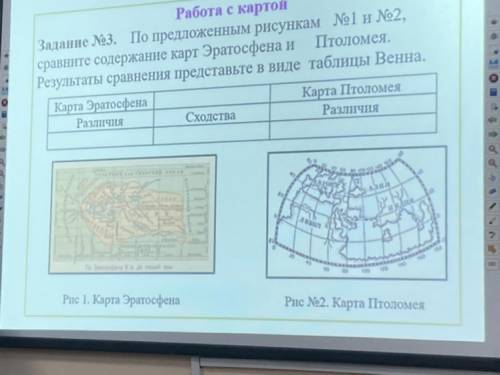 Задание N3. По предложенным рисункам сравните содержание карт Эратосфена и Птоломея. Результаты запи