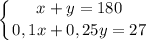 \displaystyle \left \{ {{x+y=180} \atop {0,1x+0,25y=27}} \right.