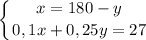 \displaystyle \left \{ {{x=180-y} \atop {0,1x+0,25y=27}} \right.