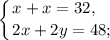 \displaystyle\left \{ {{x+x=32,}\hfill \atop {2x+2y=48;}}\hfill \right.