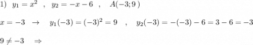 1)\ \ y_1=x^2\ \ ,\ \ y_2=-x-6\ \ ,\ \ \ A(-3;9\, )x=-3\ \ \to \ \ \ y_1(-3)=(-3)^2=9\ \ \ ,\ \ \ y_2(-3)=-(-3)-6=3-6=-39\ne -3\ \ \ \Rightarrow