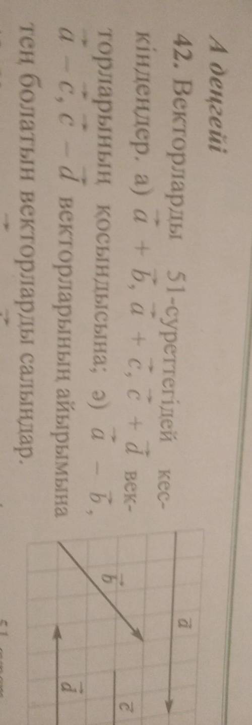 Векторларды 51-суреттегідей кес кiндендер. а) a + b, a + c, c + d век торларынын косындысына; ә) а -