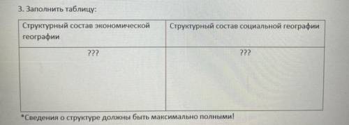 3. Заполнить таблицу: Структурный состав экономической географии Структурный состав социальной геогр