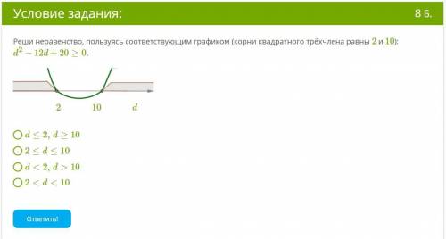 Реши неравенство, пользуясь соответствующим графиком (корни квадратного трёхчлена равны 2 и 10)