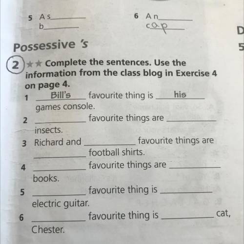 2. Possessive 's 2)** Complete the sentences. Use the information from the class blog in Exercise 4