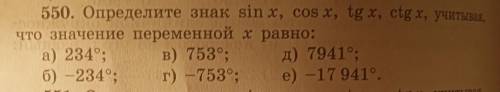 Определите знак sin x, cos x, tg x, ctg x, учитывая, что значение переменной х равно: а) 234°; б) -2