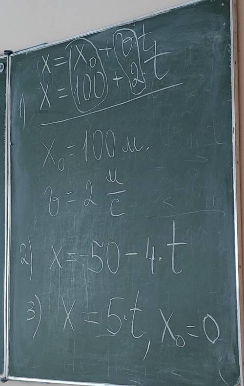 1) X=x0+Vt X=100*2*t x0=100 V= 2 м/с 2) x=-50-4*t 3) x=5*t, x0=0