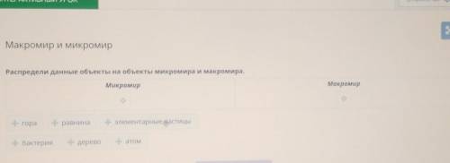 Макромир и микромир Распредели данные объекты на объекты микромира и макромира.МикромирМакромири гор