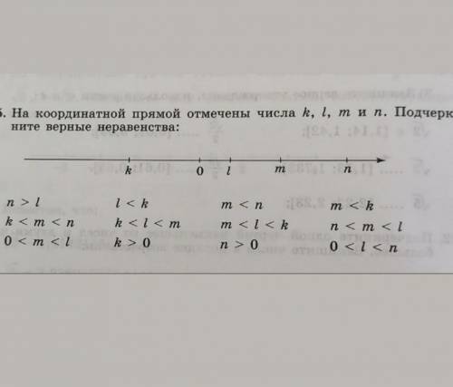 На координатной прямой отмечены числа k, l, m , и n . подчеркните верные неравенства