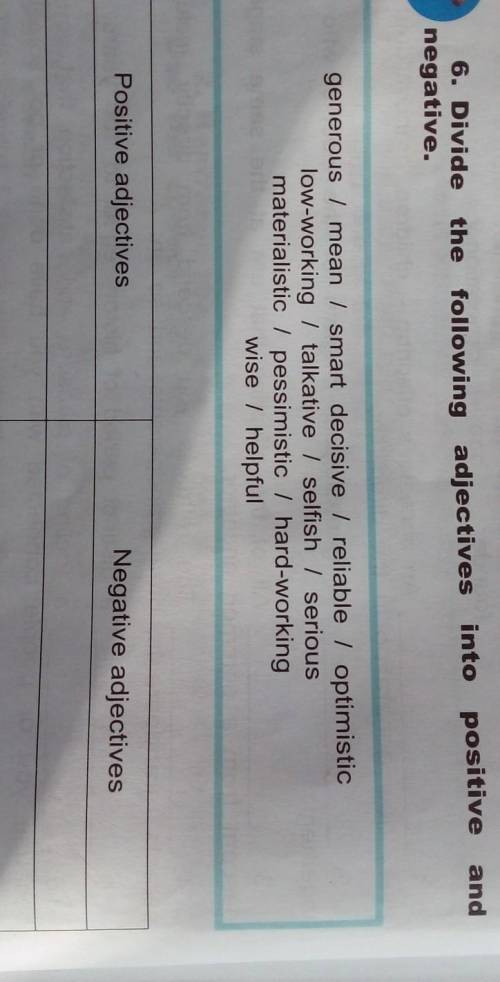 6. Divide the following adjectives into positive and negative. generous / mean / smart decisive / re