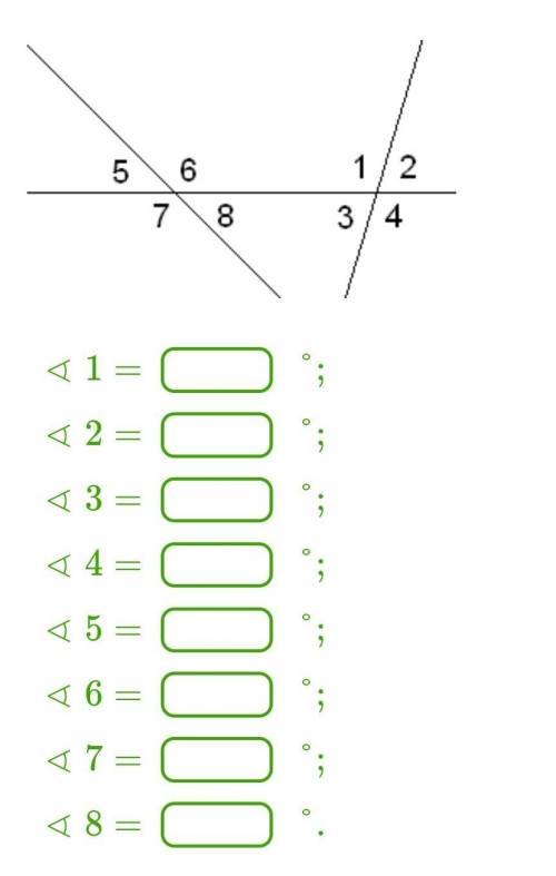 Известно, что ∢4=145°,∢8=36°. Вычисли остальные углы.