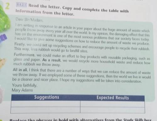 8.4.2.1 Read the letter. Copy and complete the table with nformation from the letter.