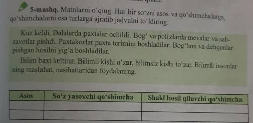 5-mashq. Matnlarni o'qing. Har bir so'zni asos va qo'shimchalarga, qoʻshimchalarni esa turlarga ajra