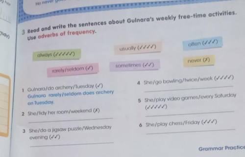 3 Read and write the sentences about Gulnara's weekly free-time activities. Use adverbs of frequency