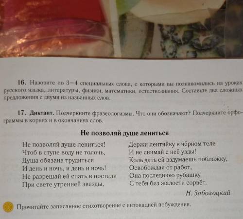 17. Диктант. Подчеркните фразеологизма. Что они обозначают? Подчеркните орфо- граммы в корнях и в ок