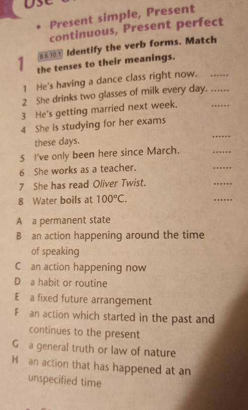 identify the verb forms. Match the tenses to their meaning