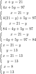 \displaystyle\\\left \{ {{x+y=21} \atop {4x+5y=97}} \right. left \{ {{x=21-y} \atop {4(21-y)+5y=97}} \right.left \{ {{x=21-y} \atop {84-4y+5y=97}} \right.left \{ {{x=21-y} \atop {-4y+5y=97-84}} \right.left \{ {{x=21-y} \atop {y=13}} \right.left \{ {{x=21-13} \atop {y=13}} \right.left \{ {{x=8} \atop {y=13}} \right.