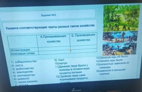 Задание No2 ажите соответствующие черты разных типов хозяйства А.Присваивающее хозяйство Б. Производ