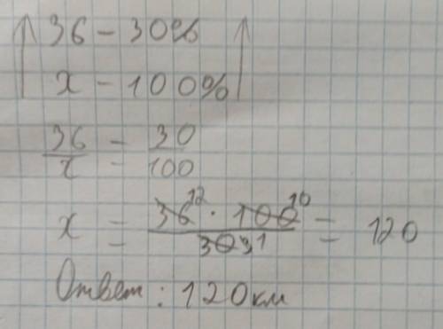 Туристы проделали путь в 36 км,что составляет 30% намеченного пути. Каков весь намеченный путь турис