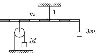 Чему равна сила натяжения нити 1 для системы, находящейся в равновесии, если масса рычага m= 3.0? от