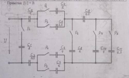 Визначити енергію кожного конденсатора та енергію електричного поля всього кола. Значення ємностей в