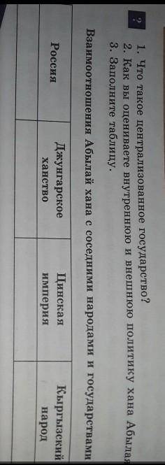 Заполните таблицу. Взаимоотношения Абылай хана с соседними народами и государствами Россия Джунгарск