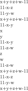 \begin{array}{}x+y+z+w-11&11-x-z&11-y-w&x+y+z+w-11\\ 11-x-y&x&y&11-x-y\\ 11-z-w&z&w&11-z-w\\ x+y+z+w-11&11-x-z&11-y-w&x+y+z+w-11\end{array}