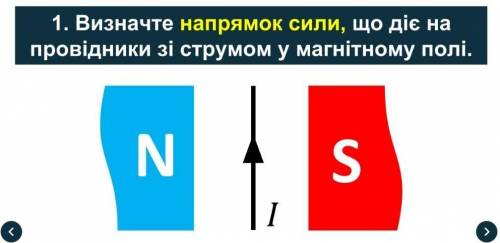 Визначте напрямок сили що діє на провідники зі струмом у магнітному полі