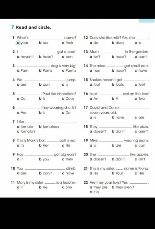 7 Read and circle it. 1 What is … a) yours b is ours name? c them 12 Does she like milk? Yes, she...