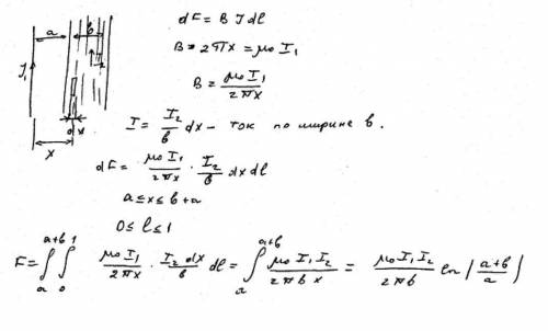Тонкий проводник с током I1 расположен на расстоянии а от металлической ленты с током I2. Оба провод