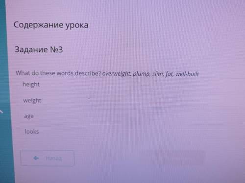 Содержание урока Задание No3 What do these words describe? overweight, plump, slim, fat, well-built