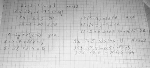 упростите выражение и найдите его значение : 2x-6-3(x+8) при x= -1212(5-a)+6a+6 при а=38-4y+5(y-3) п