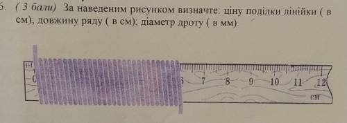 За наведеним рисунком визначте: ціну поділки лінійки (в см); довжину ряду (в см); діаметр дроту(в мм