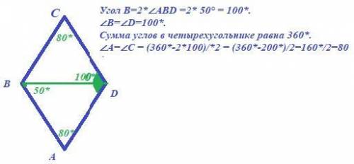 ABCD — ромб, ZABD = 50°. Знайдіть кути ромба.