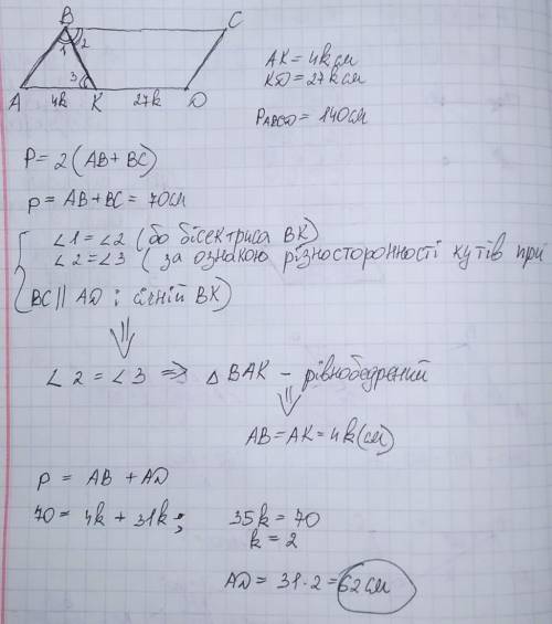 Биссектриса тупого угла паралелограмма делит противоположную сторону в отношении4:27.считаяот вершин