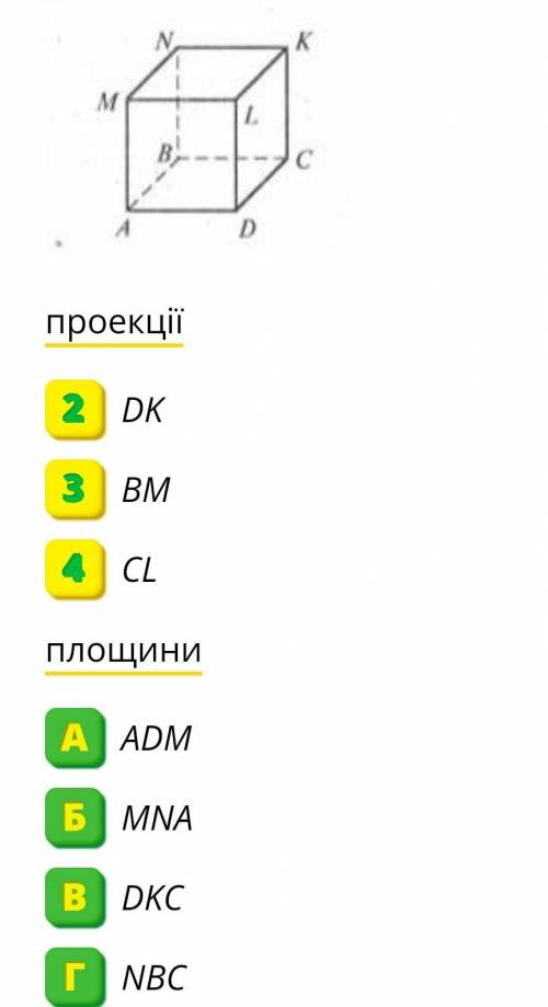 Дано куб ABCDMNLK. Встановіть відповідність між проекціями відрізка BL (1-4) та площинами, на які ві