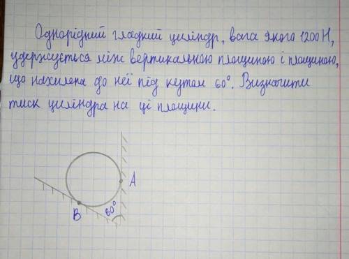 Однорідний гладкий циліндр, вага якого 1200Н, утримується між вертикальною площиною і площиною, що н