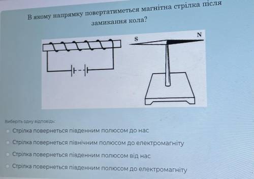 В якому напрямку повертатиметься магнітна стрілка після замикання кола?