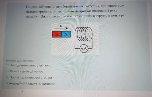 На рис. зображено штабовий магніт, котушку, приєднану до міліамперметра, та зазначено напрямок швидк