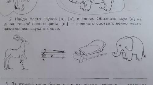 2. Найдо место звуков [н], [н'] в слове. Обознань звук [н] на линии точной синего цвета, [н'] - зеле