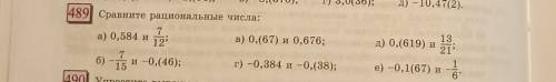 Сравните рациональные числа: а) 0,584 и 7/12; в) 0,(67) и 0,676; б) -7/15 и - 0,(46); г) -0,384 и -0