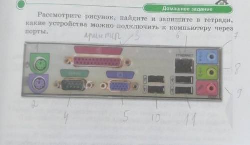 там я написала цифорки и надо под каждой цифрой написать что можно подключить