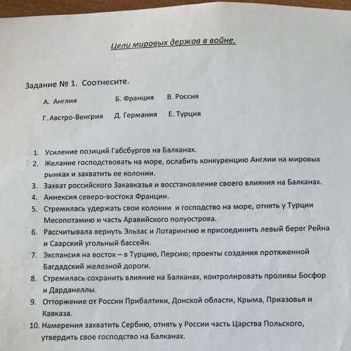 Соотнесите страны с целями на кануне Первой Мировой войны