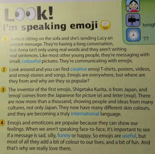 1 Read the article. Which of topics A-E are in the text? Put the topics in order. A Emojis to commun